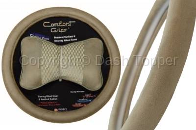 Topcessories - Comfort Grips™ Combo Packs - Tan Headrest Cushion / Tan Ultra Plush Steering Wheel Cover Combo Pack