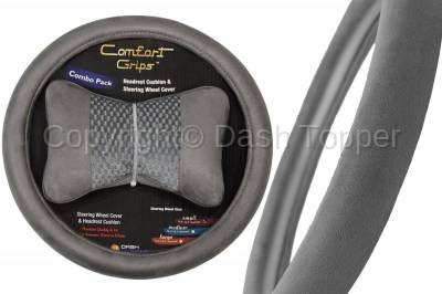 Topcessories - Comfort Grips™ Combo Packs - Gray Headrest Cushion / Gray Ultra Plush Steering Wheel Cover Combo Pack 